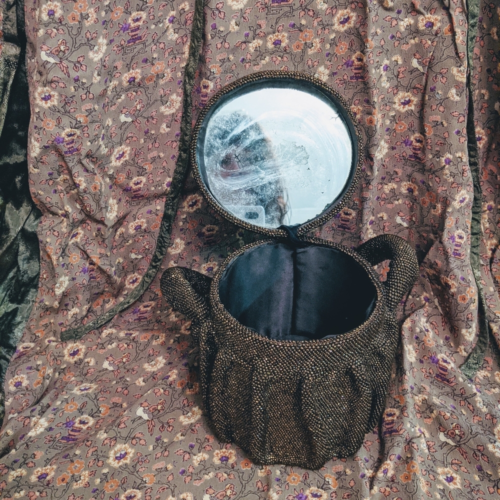 Vintage beaded round bronze clutch with mirror